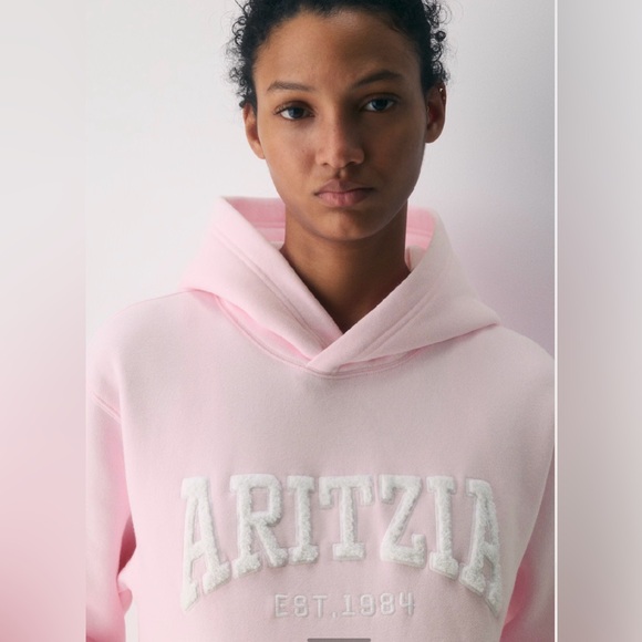 Aritzia Cozy Sweatfleece Perfect Hoodie Light Pink Embroidered Logo NWT - Picture 6 of 12